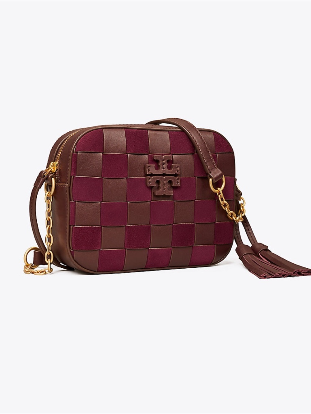 Tory Burch Burgundy and Brown Woven Leather Crossbody Camera Bag